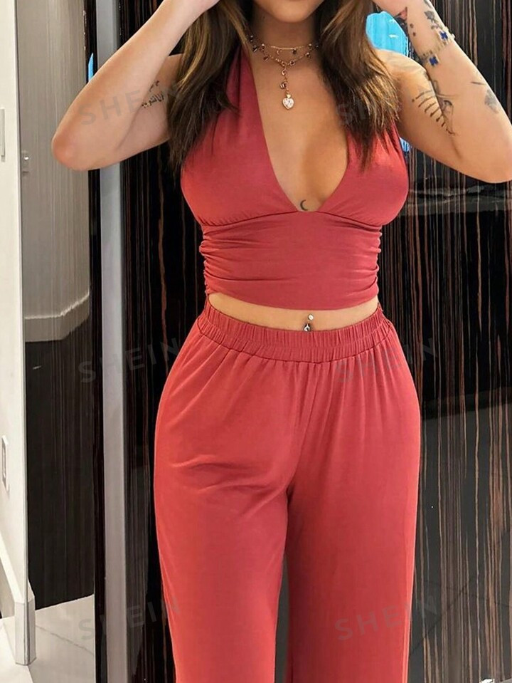 SHEIN EZwear Ladies' Solid Color Simple Daily Wear Backless Top & Long Pants 2pcs Set | SHEIN