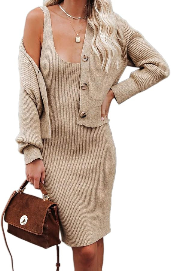 Womens Sexy Sleeveless Scoop Neck Bodycon Dress and Sweater Cardigan Ribbed Knit 2 Piece Sweater ... | Amazon (US)
