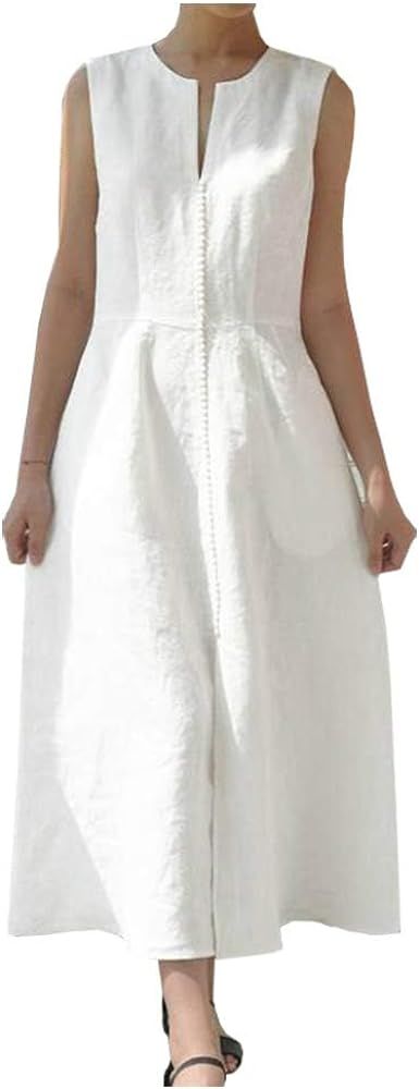 Ladyful Women's V Neck Solid Color Sleeveless Cotton Linen Dress | Amazon (US)