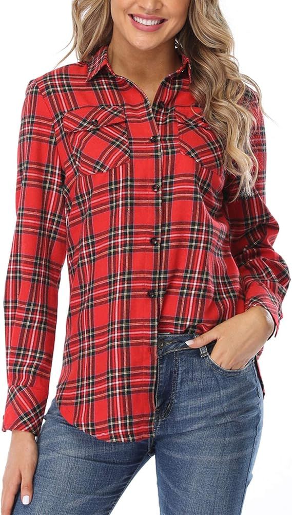CYiNu Long Sleeve Lightweight Plaid Flannel Shirt for Women Classic Collared Casual Tops Work Blo... | Amazon (US)