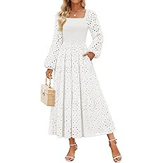 ZESICA Women's Spring Long Sleeve Maxi Dresses 2026 Square Neck Hollow Out Eyelet Smocked A Line ... | Amazon (US)