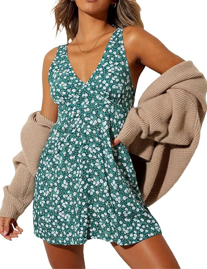 AIMCOO Women's Casual Tank Style V Neck Short Dress Floral Print Sleeveless Dresses Ruffle Hem Mi... | Amazon (US)