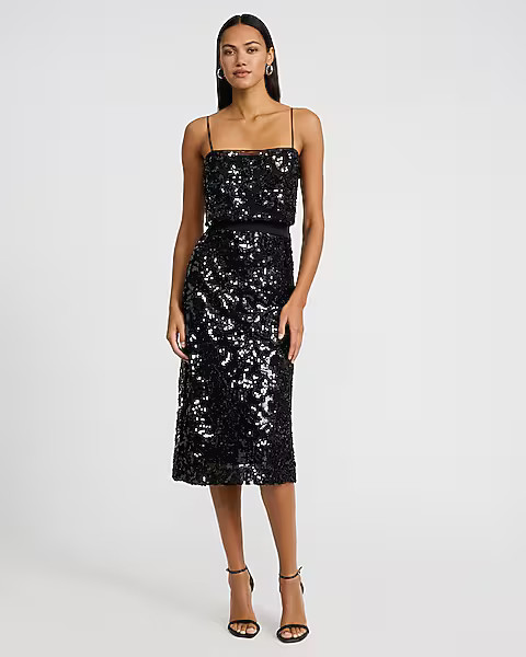 Printed Sequin Square Neck Sleeveless Bodysuit | Express