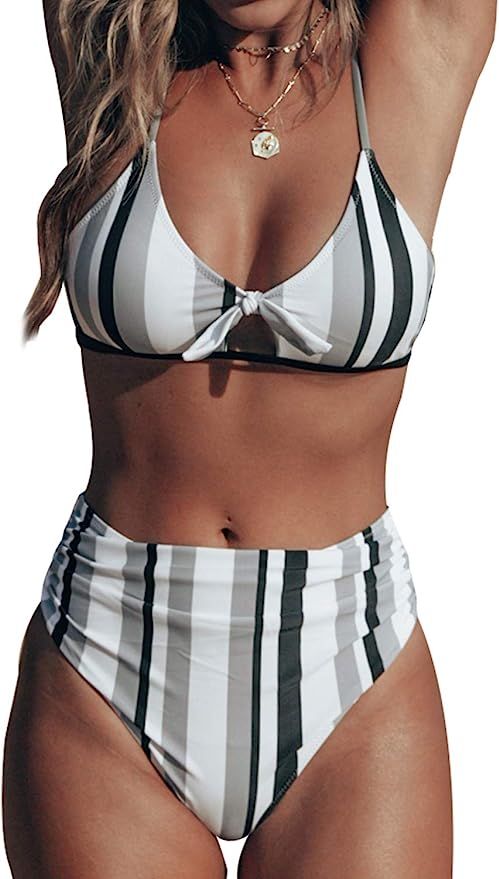 CUPSHE Women's Stripe Bikini Bowknot Shirred Swimsuit | Amazon (US)