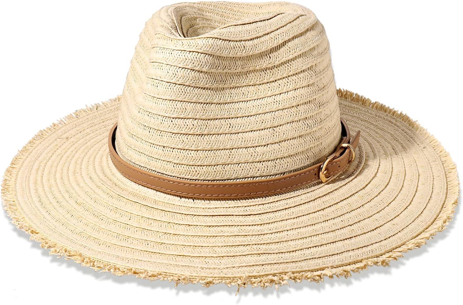 Womens Straw Hats Beach Hats Wide Brim Summer Sun Hats Fray-Edge Leather Band Panama Hats Packable F | Amazon (US)