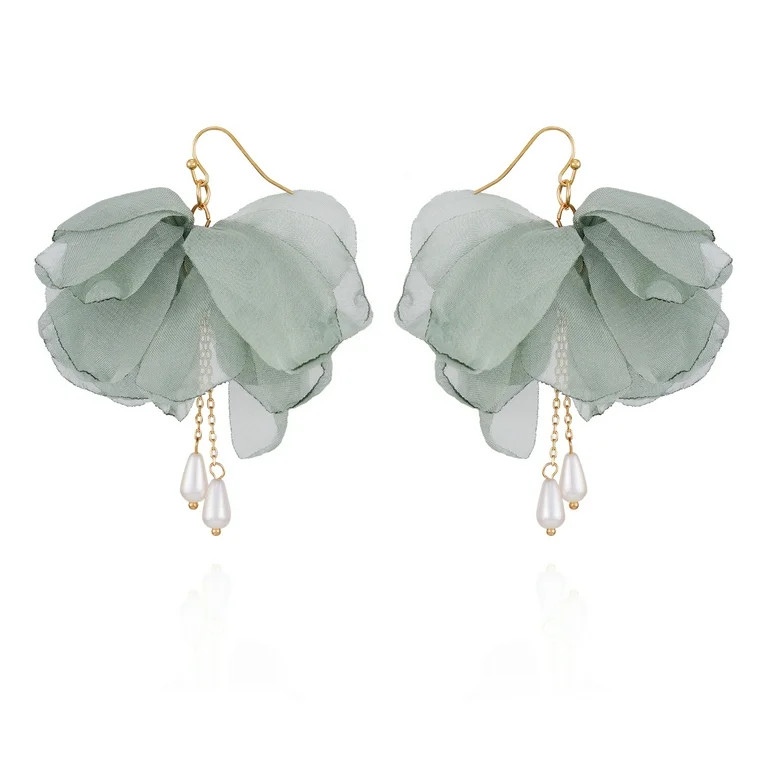 Time and Tru Women's Goldtone Pearl and Green Fabric Flower Wire Earrings | Walmart (US)