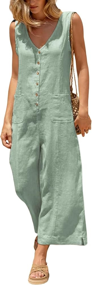 Women Button Down Jumpsuits Cotton Linen Sleeveless Casual Wide Legs Rompers Loose Overall with P... | Amazon (US)