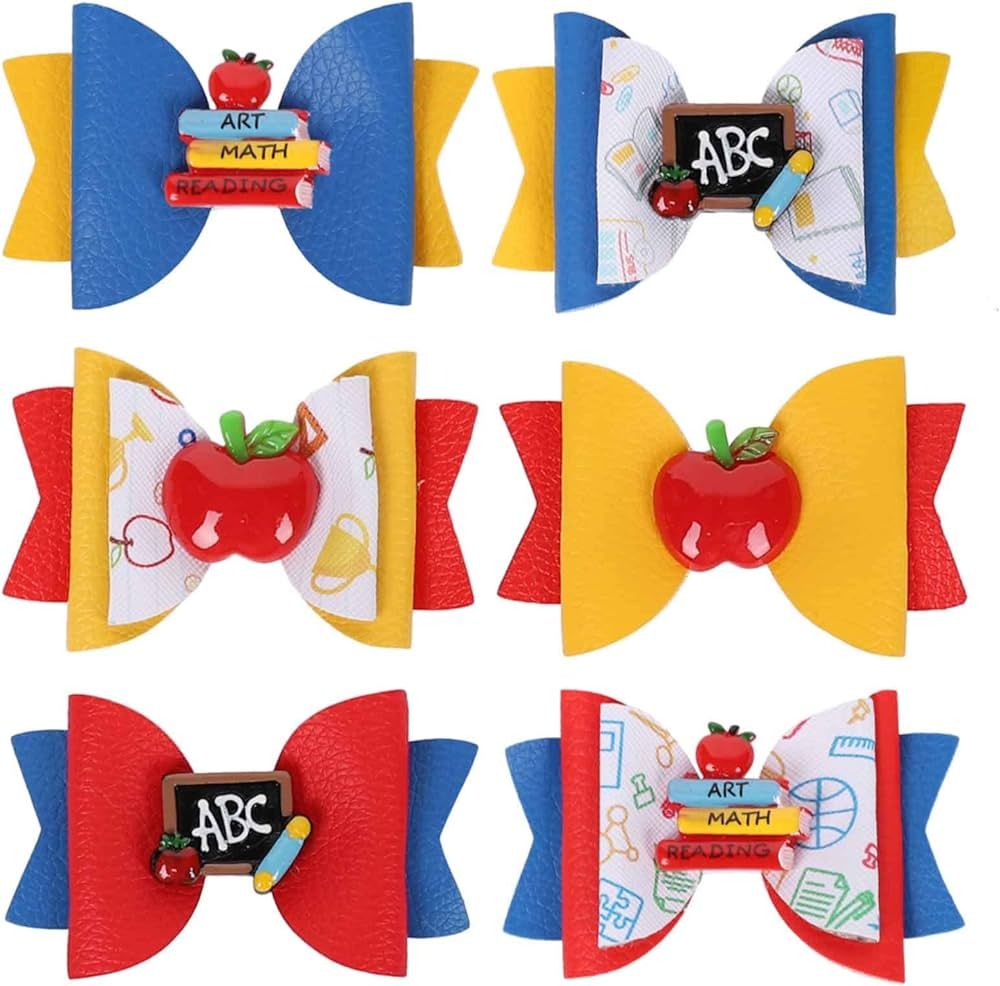 Whaline 6Pcs Back to School Bow Hair Clips Apple Book Blackboard Hair Bow Barrette Colorful Pu Le... | Amazon (US)