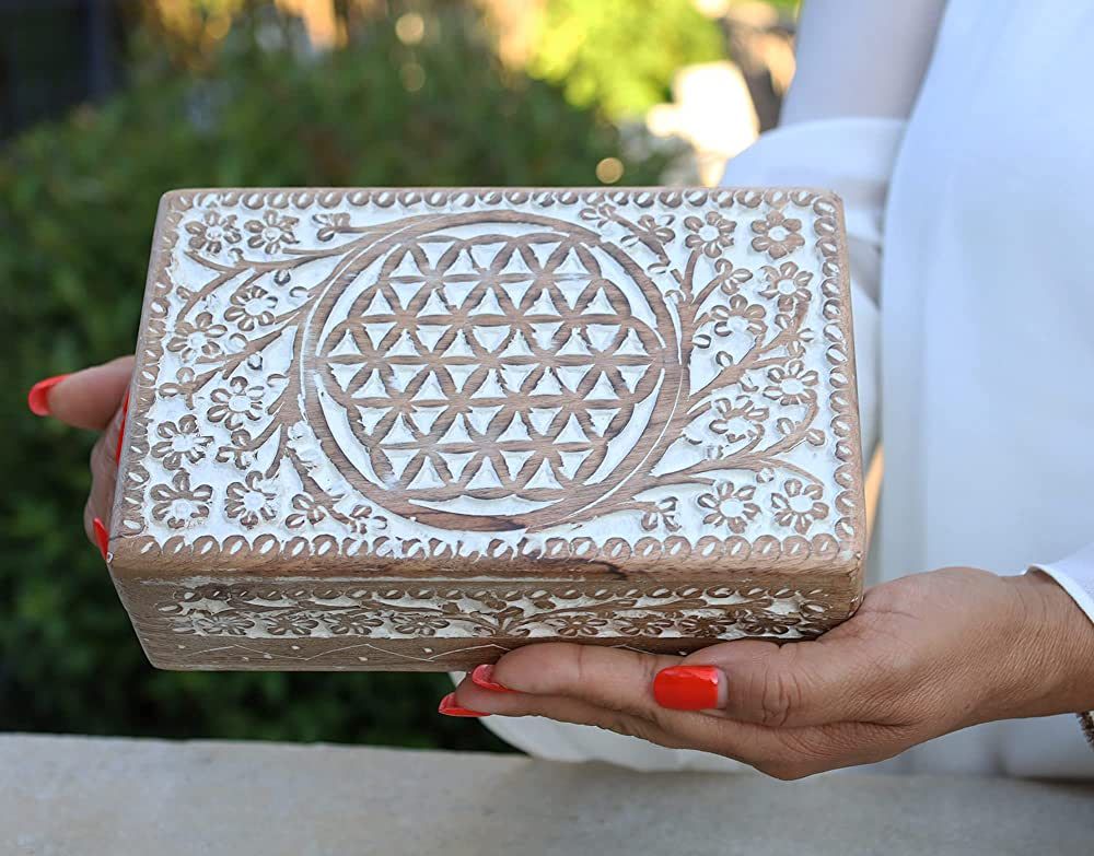 Large Hand Carved Flower of Life Wooden Box Jewelry Tarot Card Storage Multi Utility | Amazon (US)