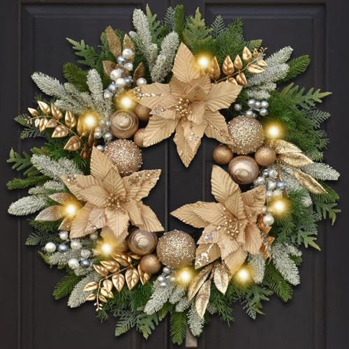 24 Inch Champagne Gold Christmas Wreath - Elegant Artificial Winter Wreath for Front Door,Featuring Christmas Flowers, Balls, Frosted Berries, Golden Leaves and Snow-Dusted Pine Needles | Amazon (US)
