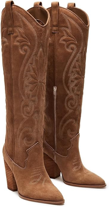 VOMIRA Knee High Cowboy Boots for Women Pointed Toe Chunky High Heels Pull-on Embroidered Boots W... | Amazon (US)