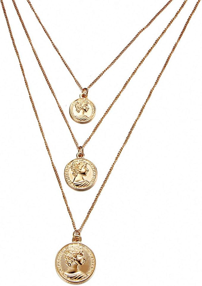Triple Chain Necklace Women Bohemian Gold Figure Coins Pendant Necklace Statement Jewelry | Amazon (US)