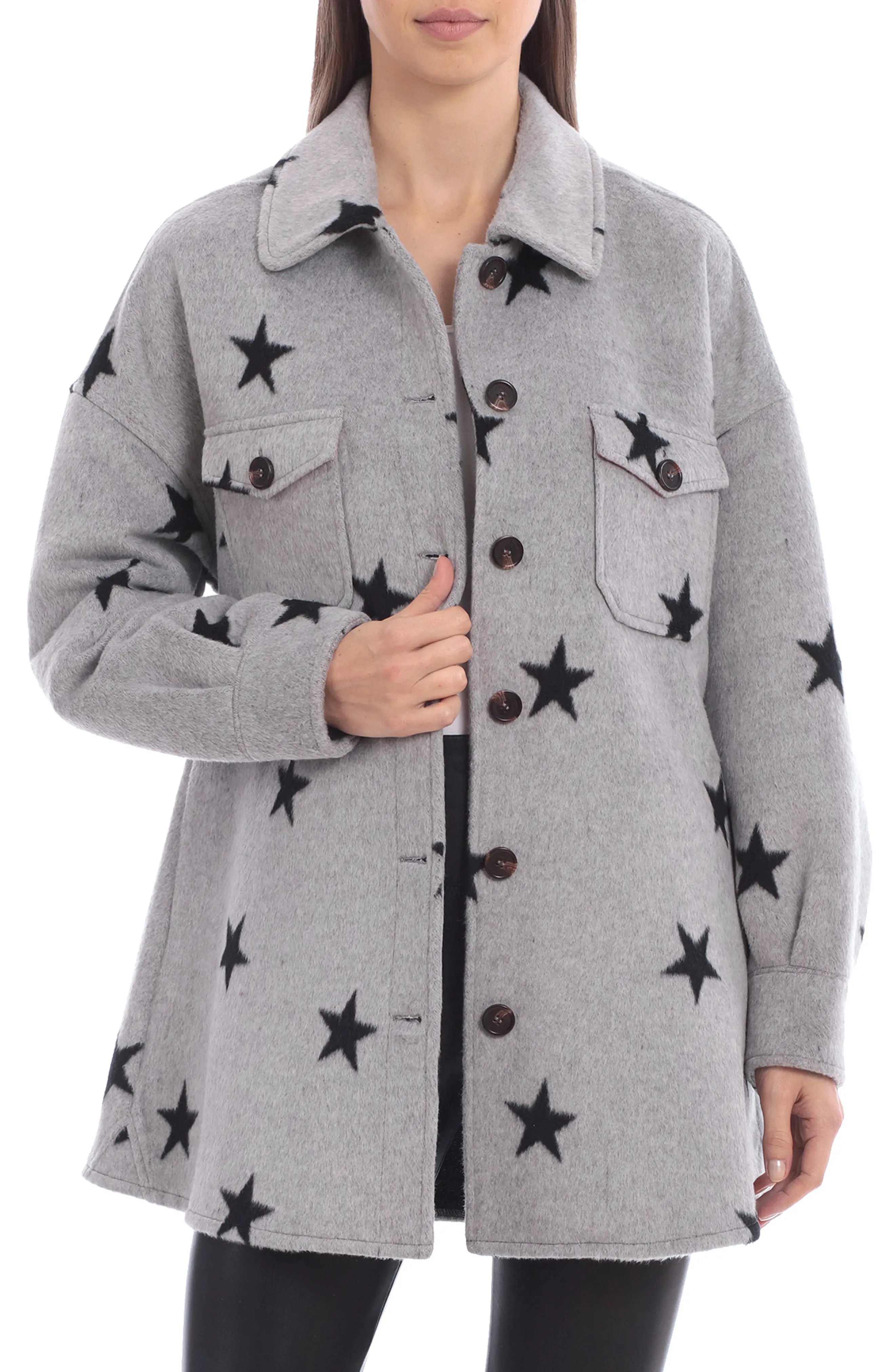 Avec Les Filles Star Print Shirt Jacket, Size Xx-Large in Melange Gray/Black Star at Nordstrom | Nordstrom