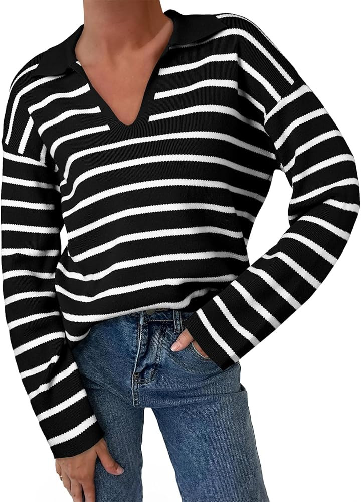 EVALESS Sweaters for Women Long Sleeve V Neck Striped Knit Drop Shoulder Fall Jumper 2025 Henley ... | Amazon (US)