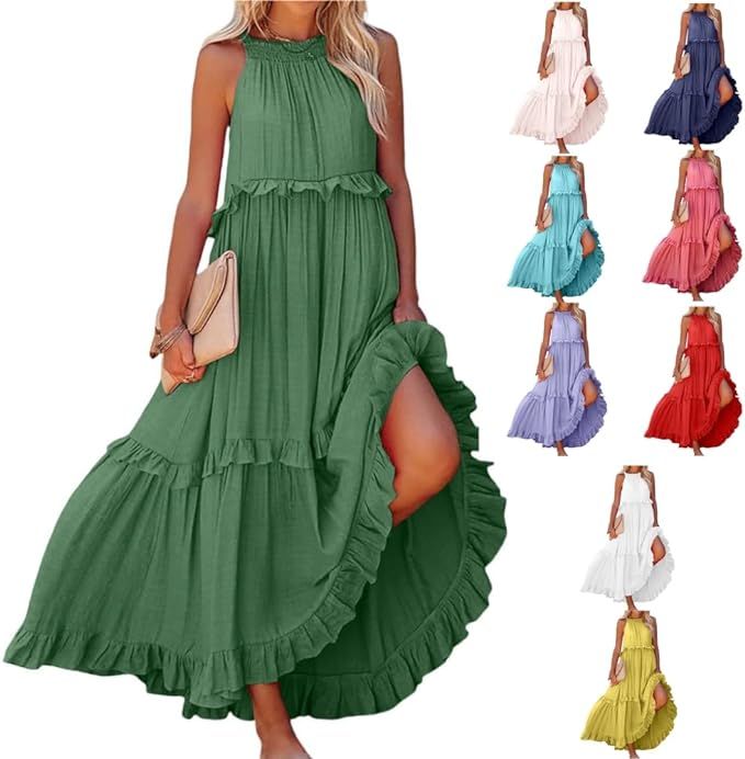Long Dresses for Women Casual Flowy Sleeveless Boho Dress Layered Ruffles Halter Beach Sundress P... | Amazon (US)
