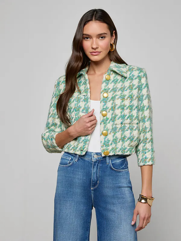 Jia Houndstooth Tweed Jacket in Dusty Jade Multi Houndstooth | L'AGENCE | L'Agence