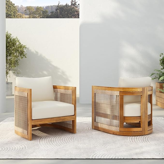 Christopher Knight Home Dora Set of 2 Patio Club Chair with Cushions, Acacia Wood Lounge Chair Ou... | Amazon (US)