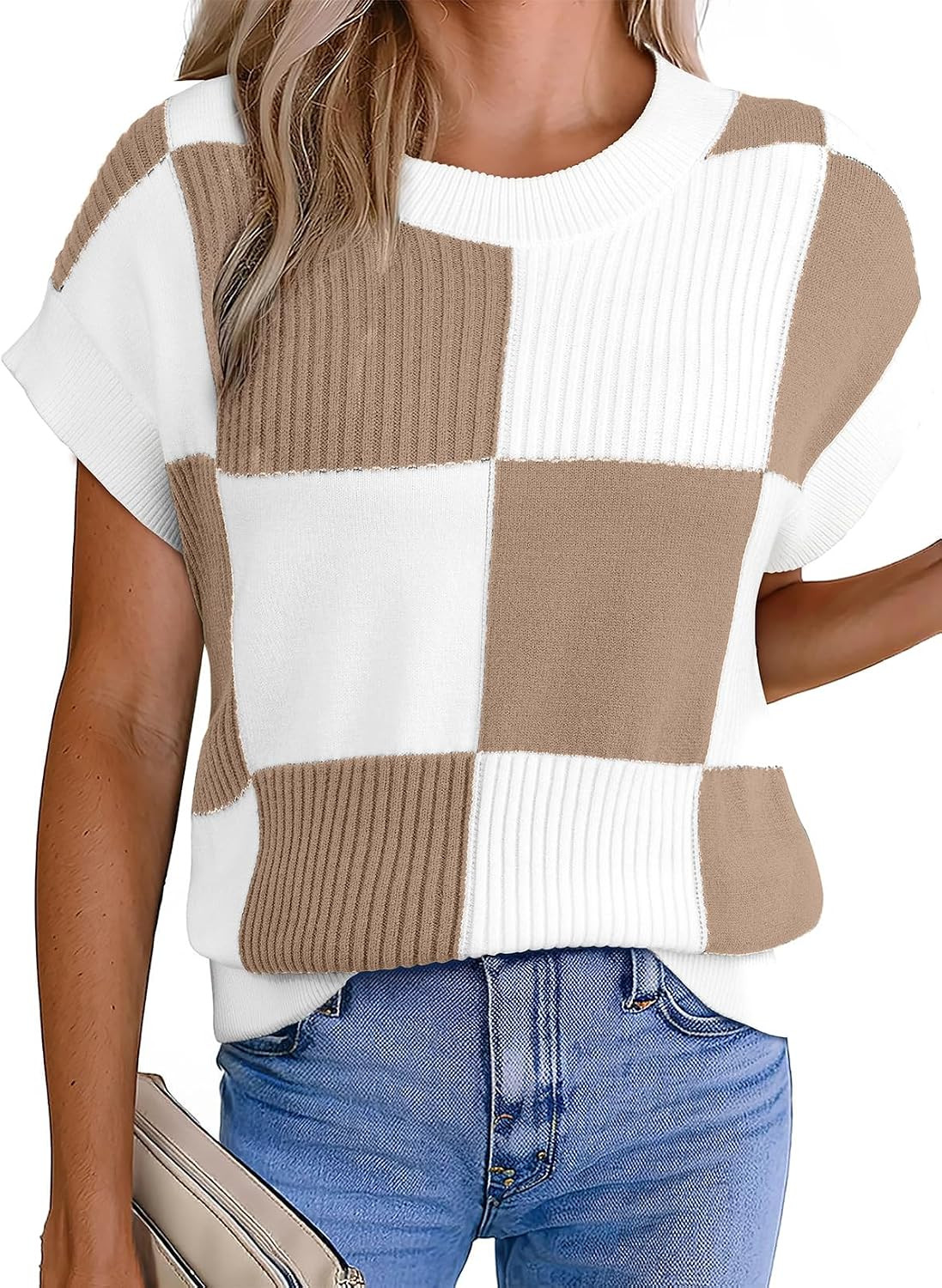 EVALESS Short Sleeve Sweater for Women Color Block Checkered Knit Tank Top | Amazon (US)