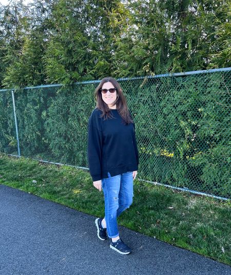 It was a beautiful day for a walk! Casual fit and an oversized sweatshirt are a must for me. My favorite sweatshirts are from Aerie. This one is under $30. 🖤

#LTKfindsunder50 #LTKshoecrush #LTKstyletip