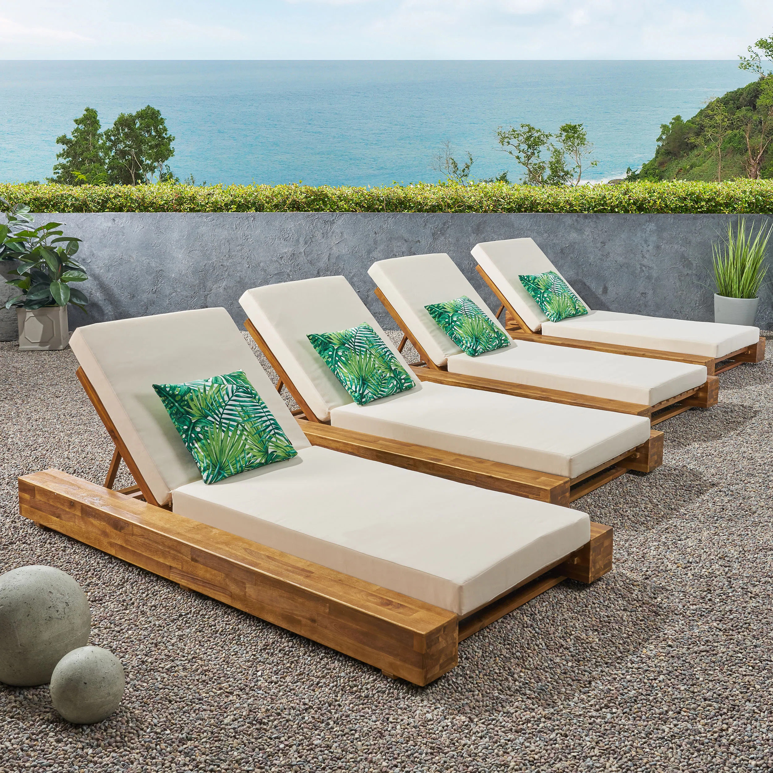 Lyor Acacia Wood Outdoor Chaise Lounge Set with Cushions & Adjustable Backrest (Set of 4) | Wayfair North America