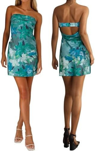 Womens Open Back Mini Dress Sexy Satin Floral Elegant Strapless Cocktail Dresses Date Night Party... | Amazon (US)