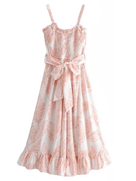 'Jadwiga' Leaf Print Ruched Belted Midi Dress | Goodnight Macaroon