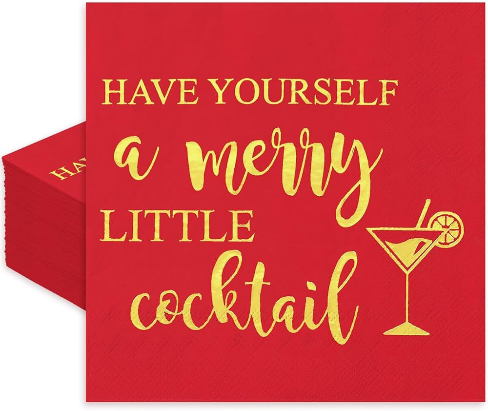 50Pcs Christmas Cocktail Napkin Red Gold Foil Disposable Paper Napkin Have Yourself a Merry Littl... | Amazon (US)