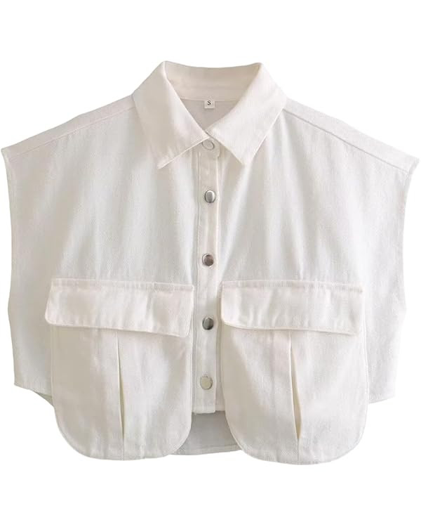 Perbai Womens Cropped Button Down Shirt Summer Collared Sleeveless Loose Denim Top with Pockets | Amazon (US)
