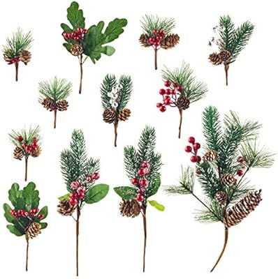 12Pack Artificial Christmas Picks Assorted Red Berry Picks Stems Faux Pine Picks Spray with Pinec... | Amazon (US)