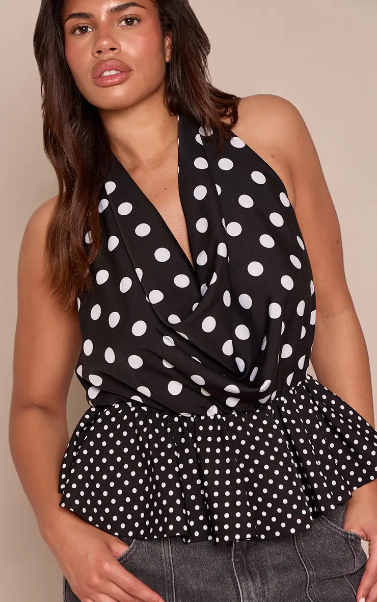 Black And White Polka Dot Reversible Halterneck Top | PrettyLittleThing USA | PrettyLittleThing US