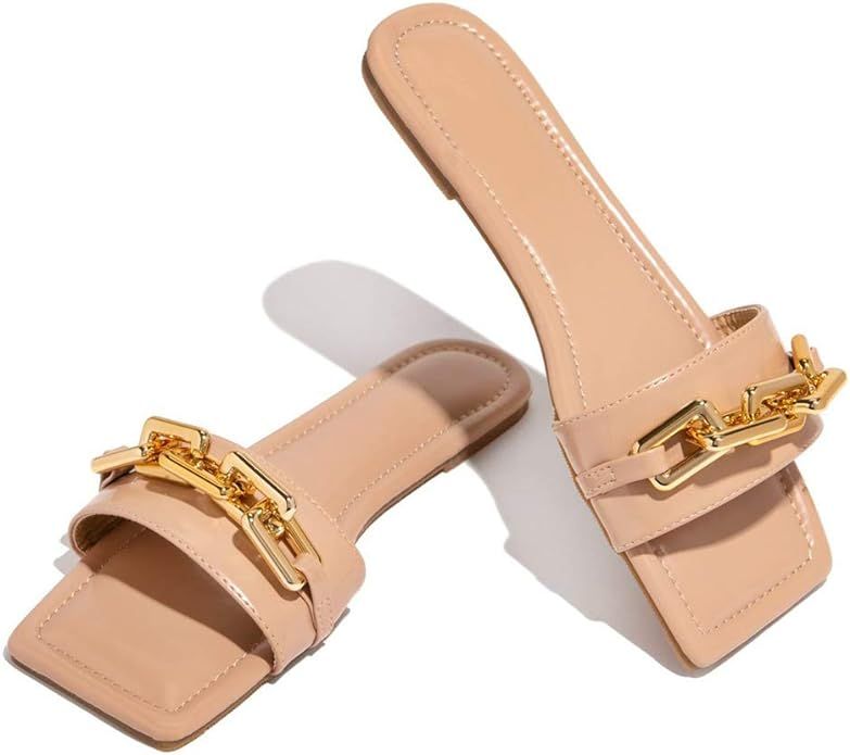 ARQA Women's Summer Slippers Open Toe Flat Sandals Metal Chain Slides Shoes | Amazon (US)