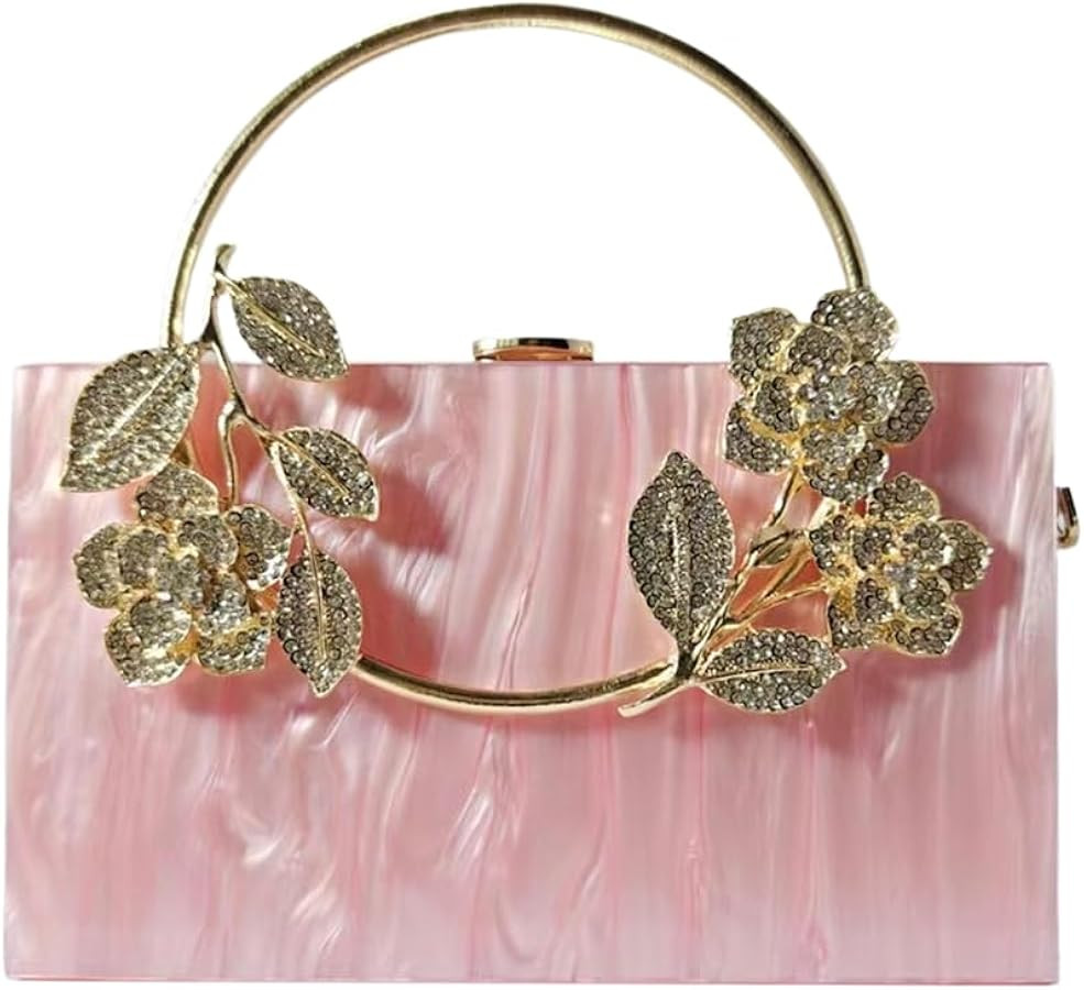 Women Acrylic Evening Clutch Marble Pattern Carved Circle Handle Handbag Square Box Bag for Eveni... | Amazon (US)