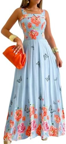 CHICME Women’s Floral Butterfly Print Linen Maxi Dress Quare Neck Strap Shirred Bodice Flowy Bo... | Amazon (US)