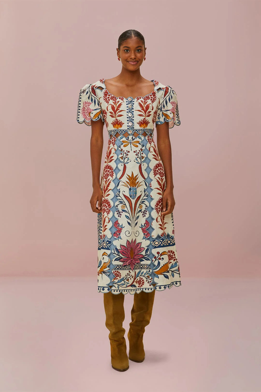 Cream Romantic Lightness Short Sleeve Midi Dress | FarmRio (US)