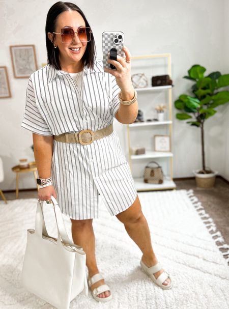 New shirt dress at Target!  Wearing an xl in mine. Love the stripes. Giving J Crew vibes but without the price tag!  Largest size in the stretchy belt. Sandals run tts  

#LTKSeasonal #LTKfindsunder50 #LTKmidsize