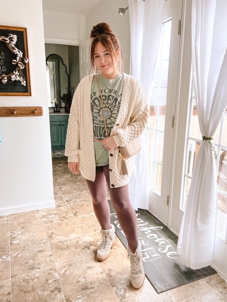 Real life mom outfit. comfy, yet cute loungewear winter outfit look. Featuring my fave cable knit cardigan and graphic tee

#leggings #aerie #aerieleggings #winteroutfit #winteroutfits #cardigan

#LTKunder50 #LTKSeasonal #LTKsalealert