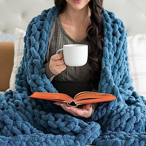 SAMIAH LUXE Chunky Knit Blanket Throw 50x70, Blue Chenille Chunky Knit Throw Blanket for Living Room Decor or Boho Decor, Thick Yarn Knitted Blankets for Couch or Bed, Cable Knitted Crochet Blankets | Amazon (US)