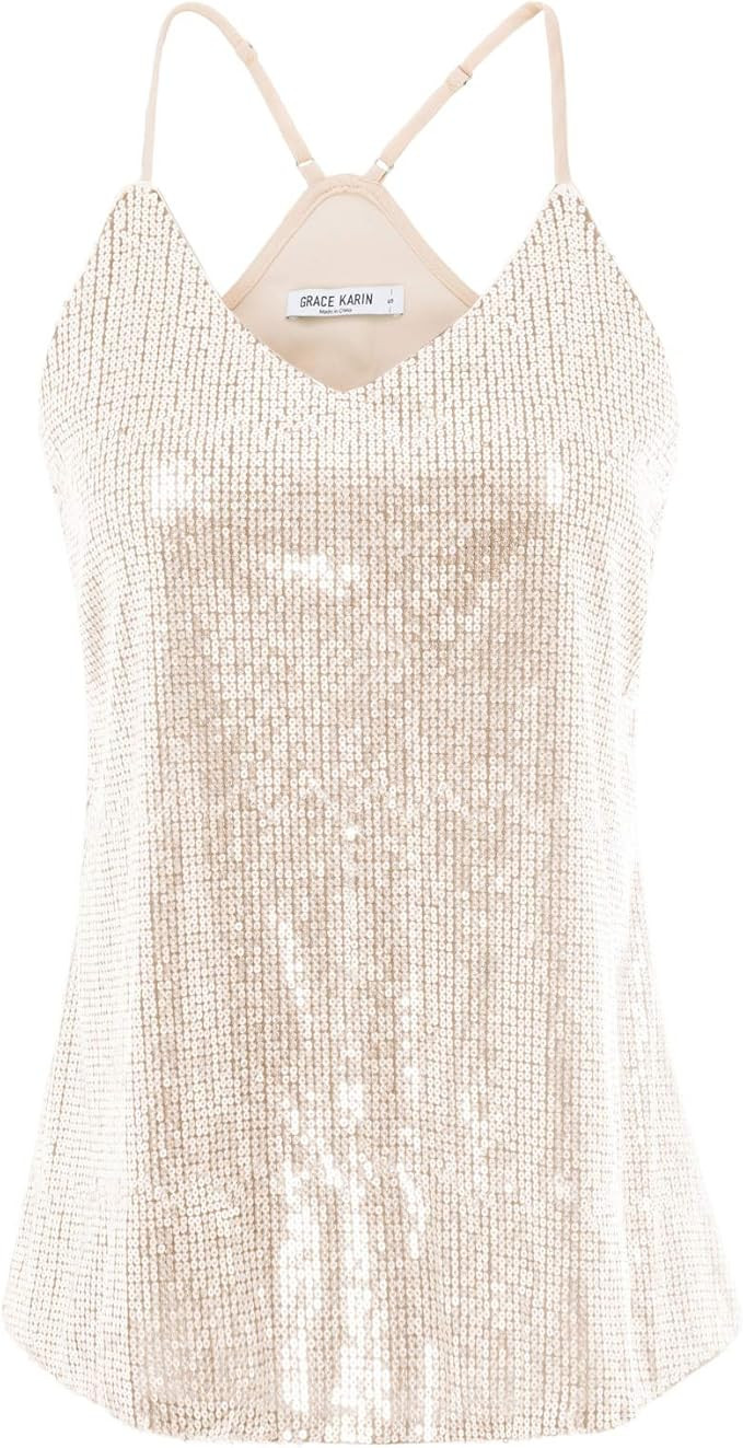 GRACE KARIN Women's Sleeveless Sparkle Shimmer Camisole Vest Sequin Tank Tops | Amazon (US)
