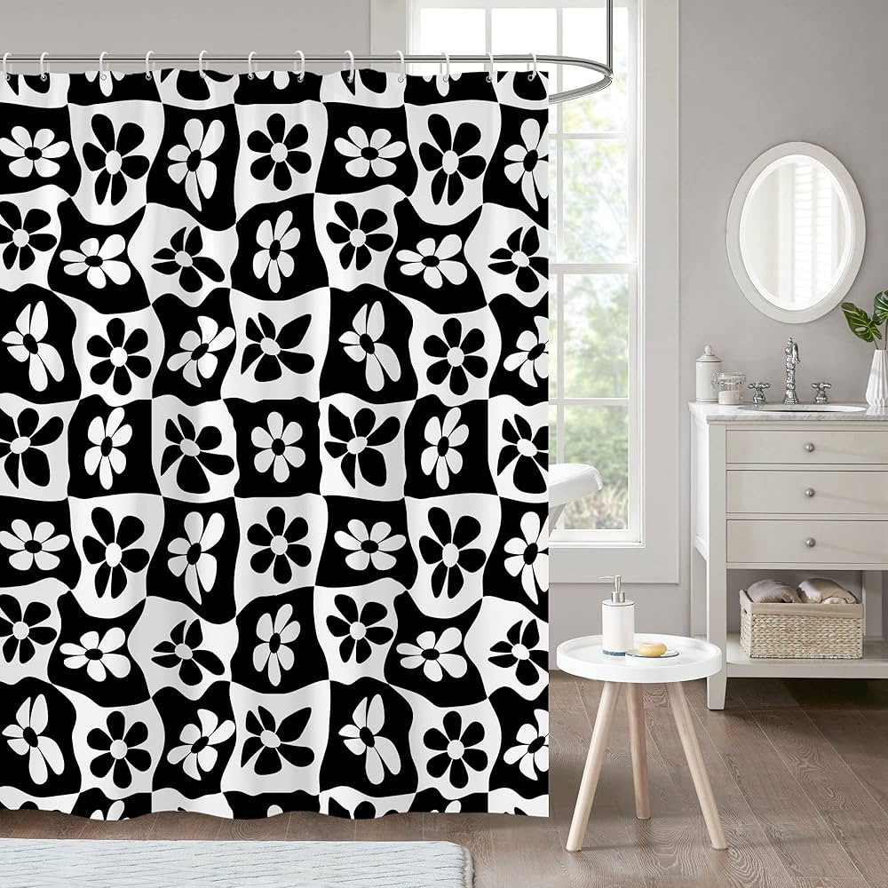 zokyer Black and White Shower Curtain Checkered Preppy Funky Pretty Floral Flower Trendy Groovy A... | Amazon (US)