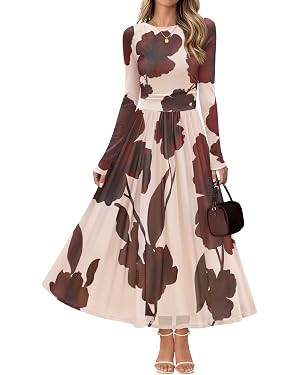 MEROKEETY Women's Long Sleeve Fall Wedding Guest Dress 2025 Crewneck Floral Flowy Mesh Cocktail M... | Amazon (US)