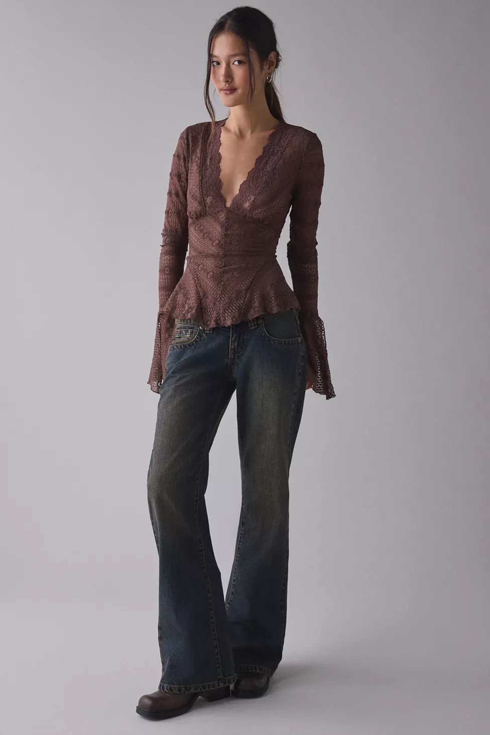 Kimchi Blue Irene Sheer Lace Ruffle Bell Sleeve Top | Urban Outfitters (US and RoW)