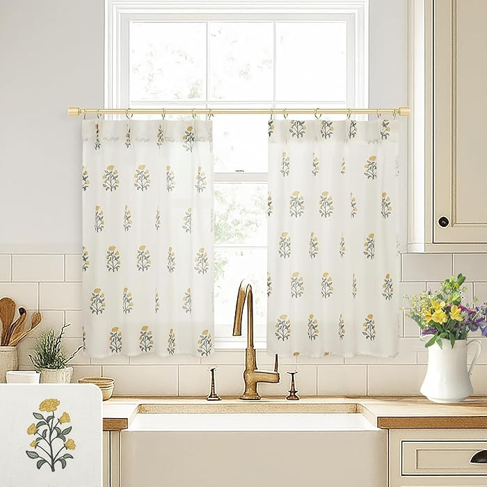 Yellow and Green Kitchen Curtains,Cottage Core Wildflower Meadow Floral French Country Bright Colorful Sunflower Theme Curtains for Bathroom Window | Amazon (US)