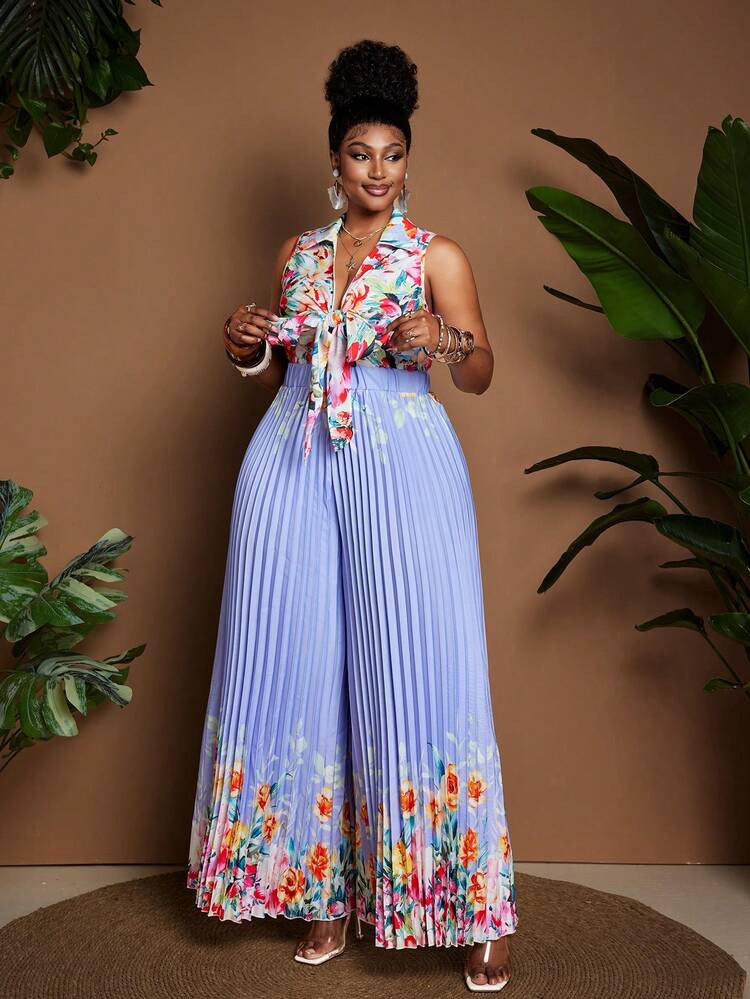 Maweii Plus Size Women's New Elegant Tie-Waist Sleeveless Pleated Wide Leg Jumpsuit, Floral Print Fabric, Versatile For Resort, Beach, Spring/Summer | SHEIN