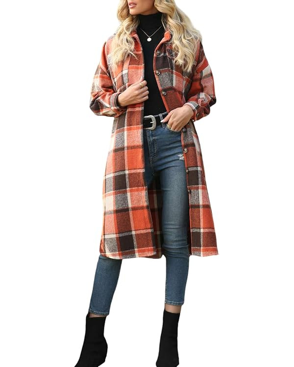 Peaceglad Women's Lounge Lapel Button Up Long Sleeve Plaid Long Shirt Jacket Shacket | Amazon (US)
