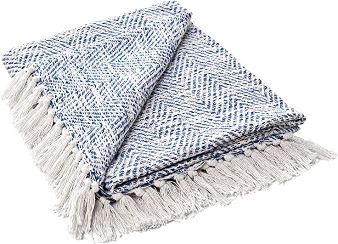 MOTINI Blue and White Throw Blanket Knitted Herringbone Woven Decorative Blankets Textured Cozy T... | Amazon (US)