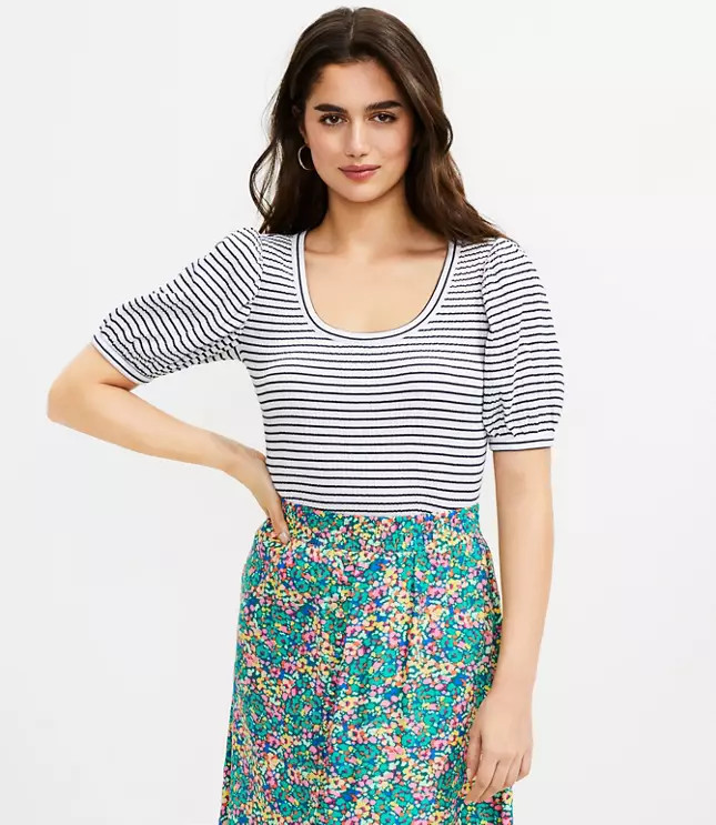 Petite Striped Crinkle Puff Sleeve Top | LOFT | LOFT