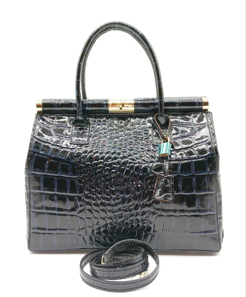 Italian Leather Croc Embossed Satchel – Dark Blue Lock & Key Handbag | Etsy (US)