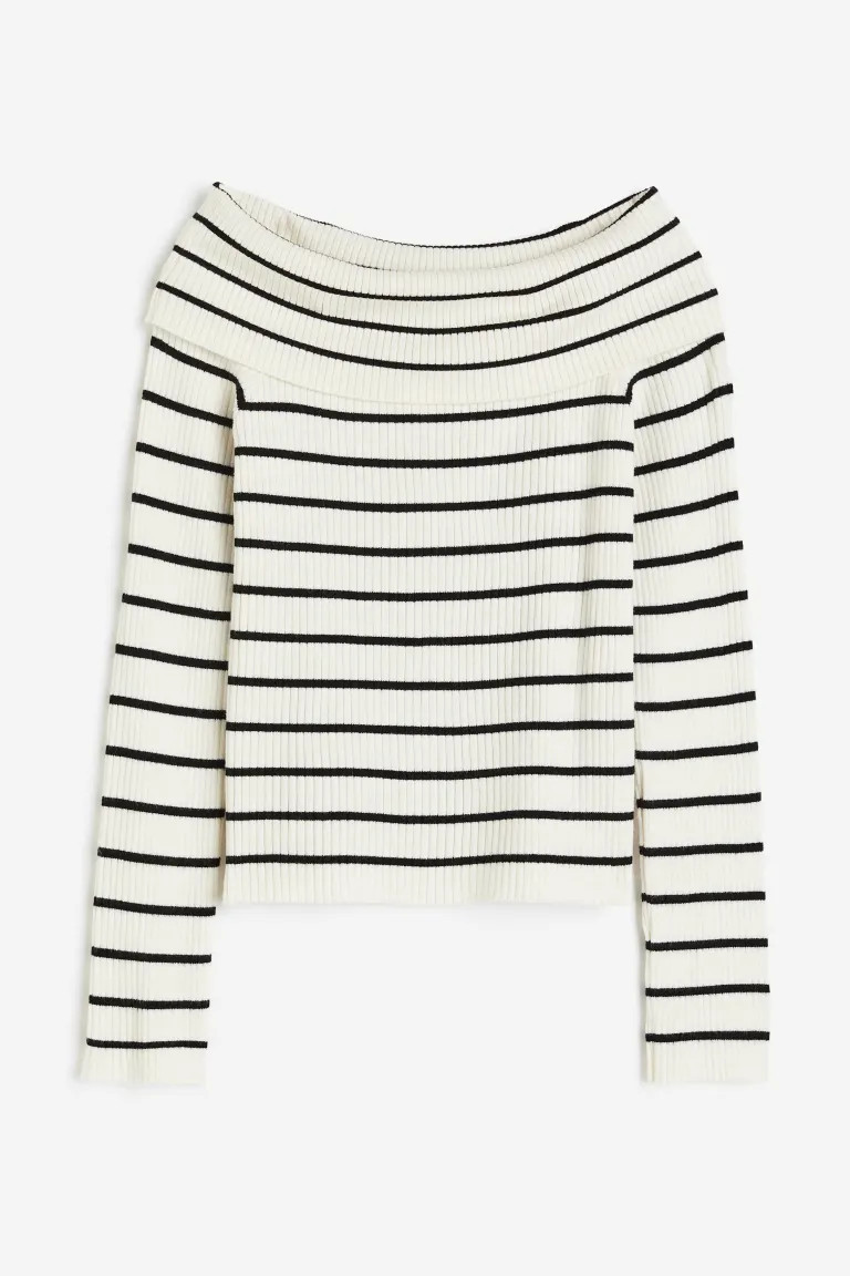 Rib-knit Off-the-shoulder Top - Cream/black striped - Ladies | H&M US | H&M (US + CA)