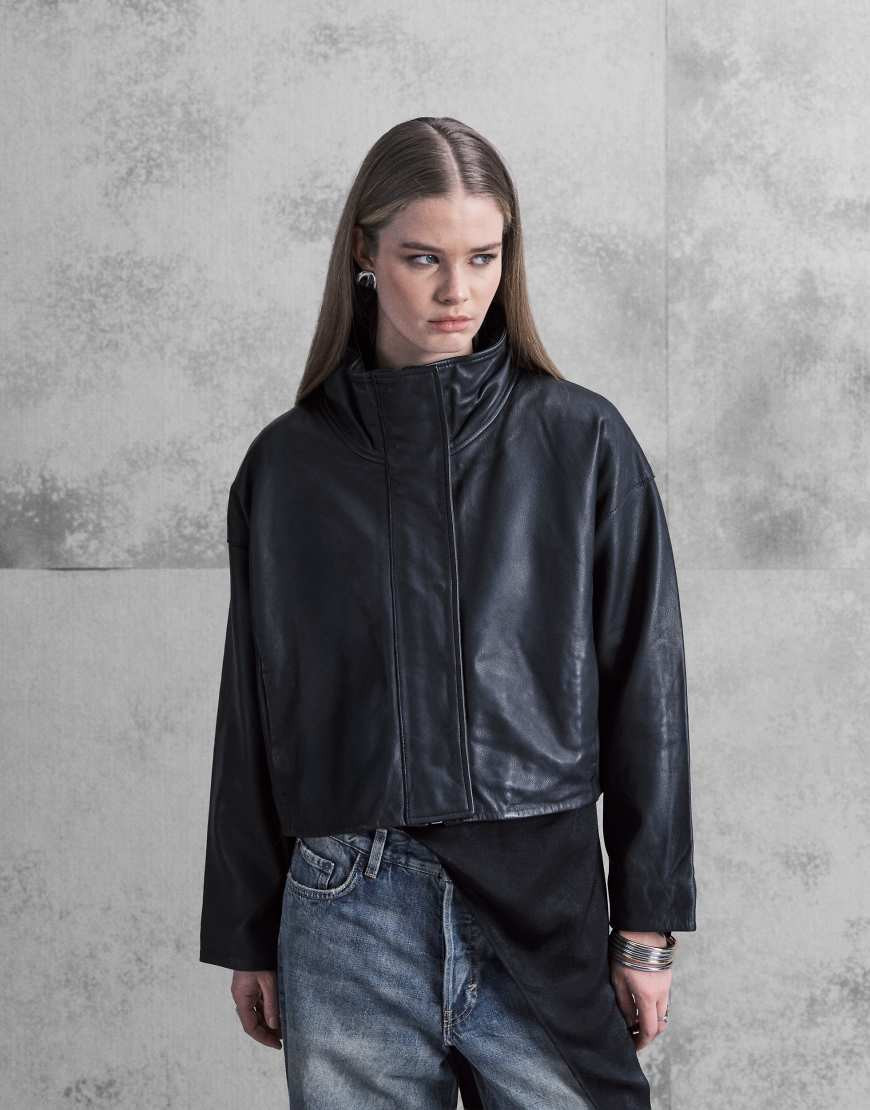 AllSaints Ryder funnel neck relaxed leather jacket in black | ASOS (Global)