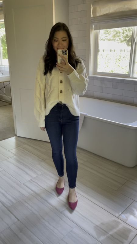 Women’s Madewell Cable Ashmont Cardigan Sweater ( wearing small) with Everlane high waisted skinny jeans (wearing 27 true to size). On sale as a part of Nordstrom Anniversary Sale! 

#LTKsalealert #LTKunder100 #LTKxNSale